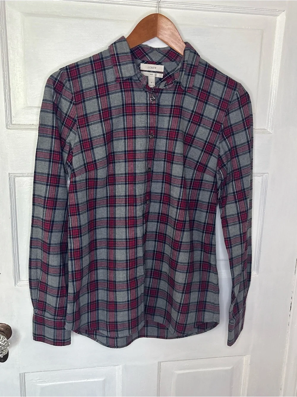 J. Crew Women's Red and Gray Plaid Button-Down Shirt